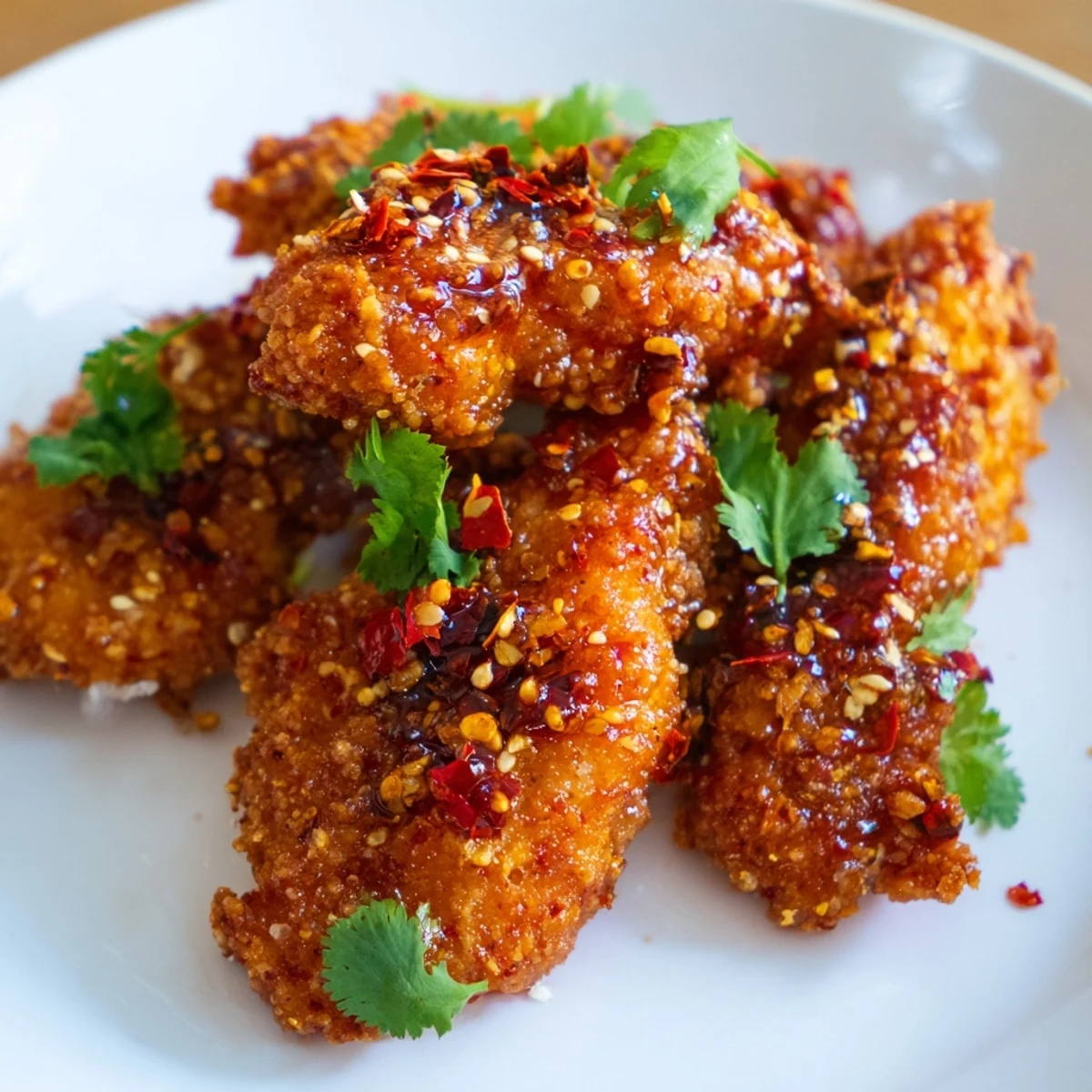 Crispy baked chicken tenders coated in glossy Thai chili sauce topped with toasted sesame seeds and served with fresh lime wedges