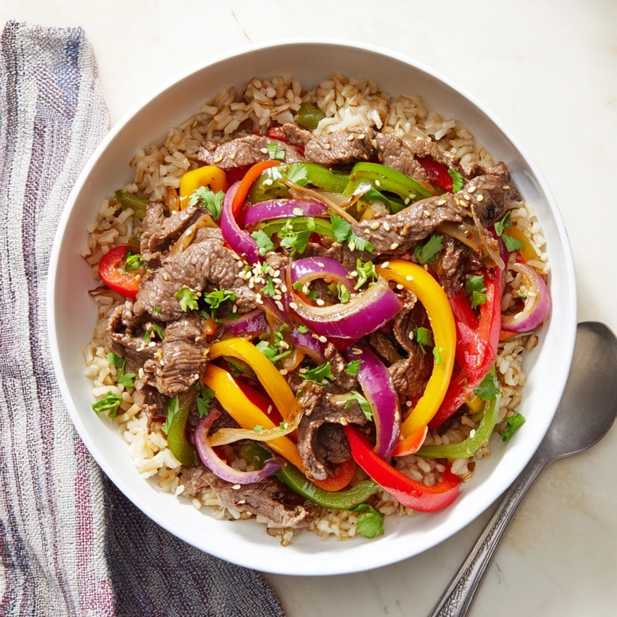 Vibrant healthy beef and pepper rice bowl featuring colorful strips of tender beef and crisp bell peppers tossed in savory garlic-ginger sauce over fluffy brown rice