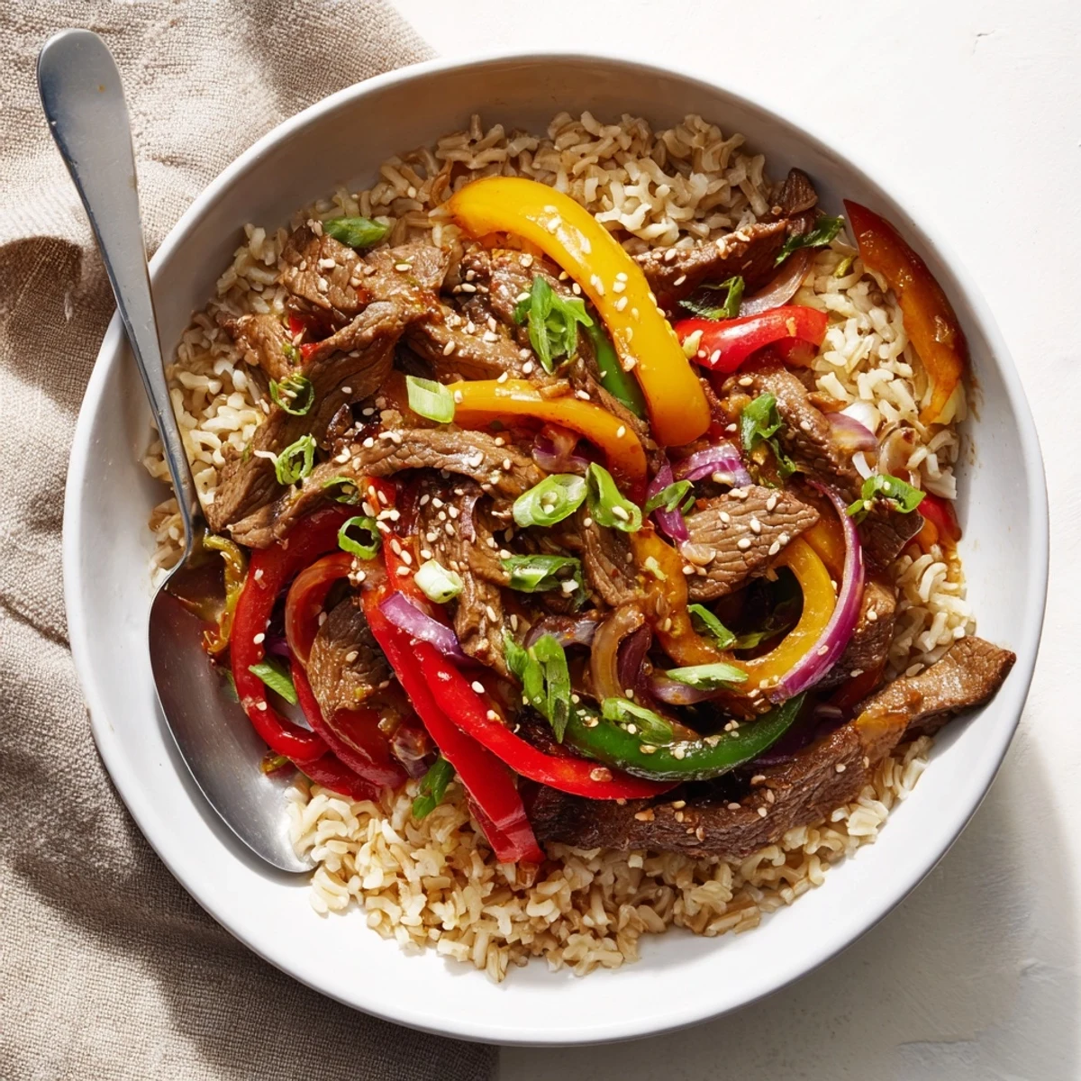 Protein-packed healthy beef and pepper rice bowl arranged in layers with sliced steak, tri-colored peppers, and aromatic sauce garnished with fresh spring onions and sesame seeds