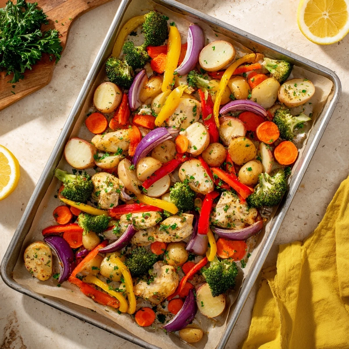 Golden roasted chicken breasts nestled among colorful bell peppers, carrots, and broccoli on a sheet pan with fresh herbs