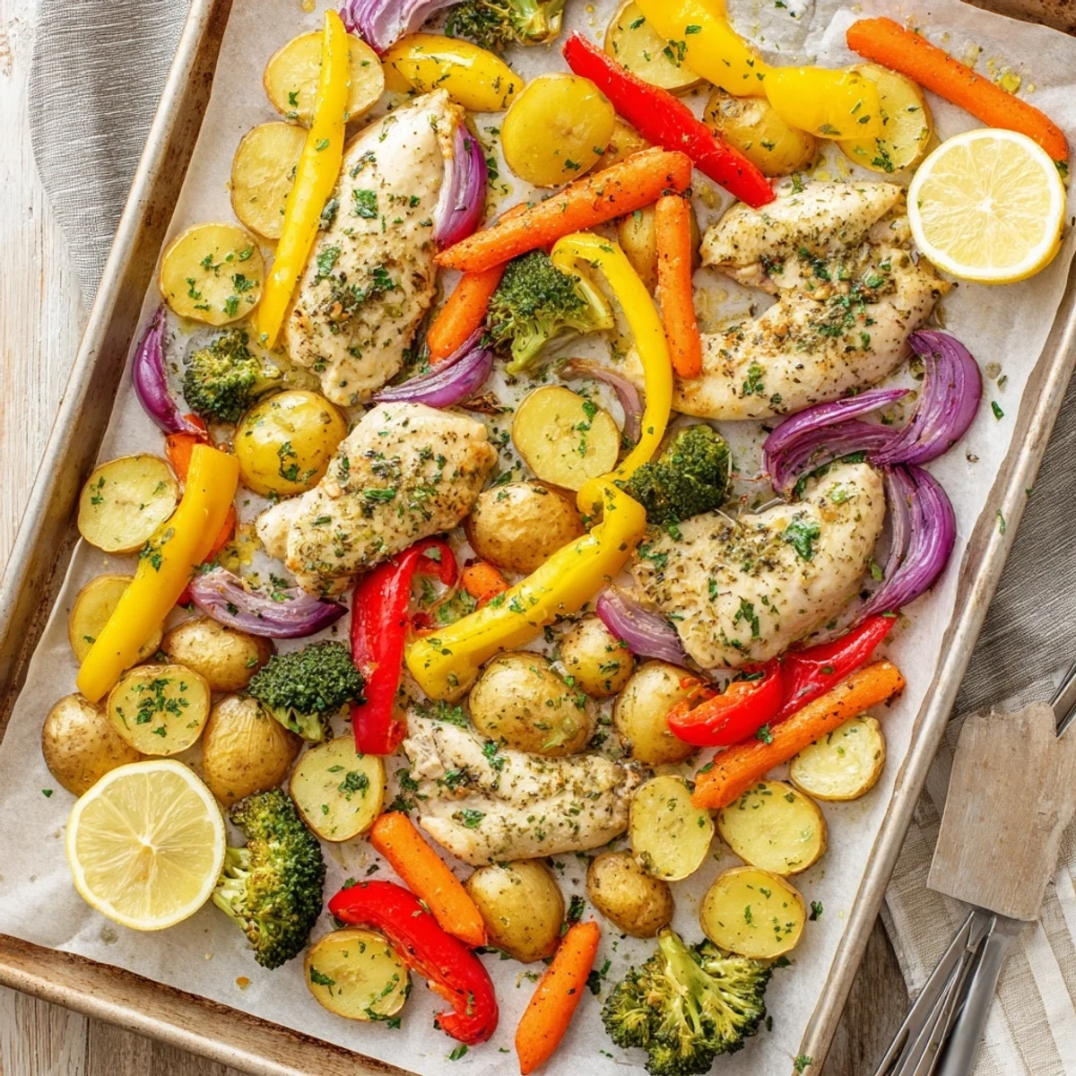 Juicy marinated chicken thighs atop a bed of baby potatoes, bell peppers, and onions, freshly roasted with aromatic seasonings