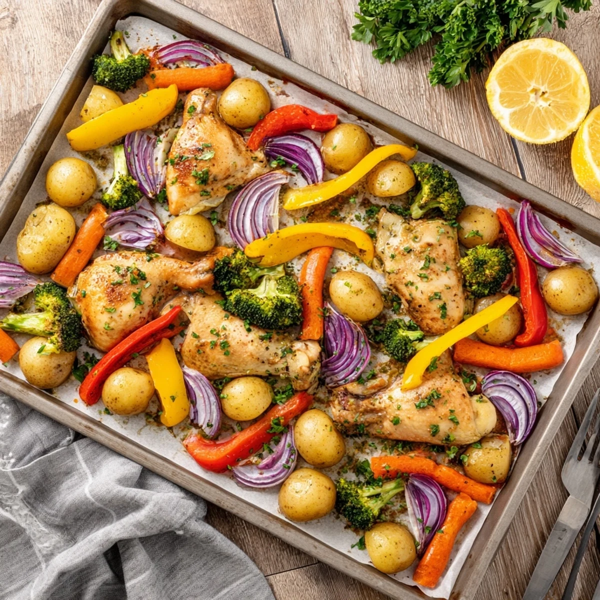 Zesty lemon herb chicken and tender roasted vegetables arranged on a baking sheet with parsley garnish and lemon wedges