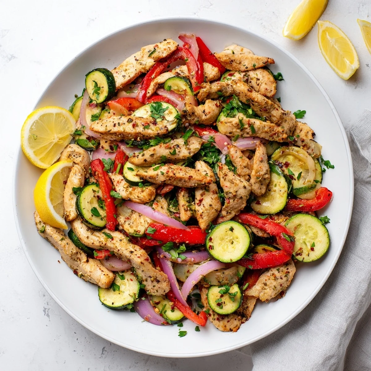 Vibrant Mediterranean chicken stir fry with colorful bell peppers zucchini and golden seared chicken strips in a skillet