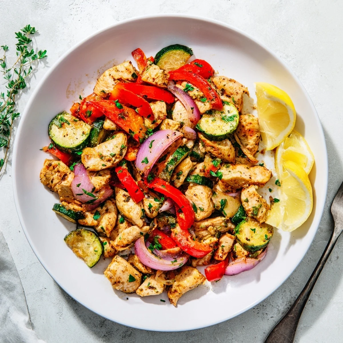 Colorful bowl of Mediterranean chicken stir fry featuring tender juicy chicken breast with fresh red peppers and zucchini