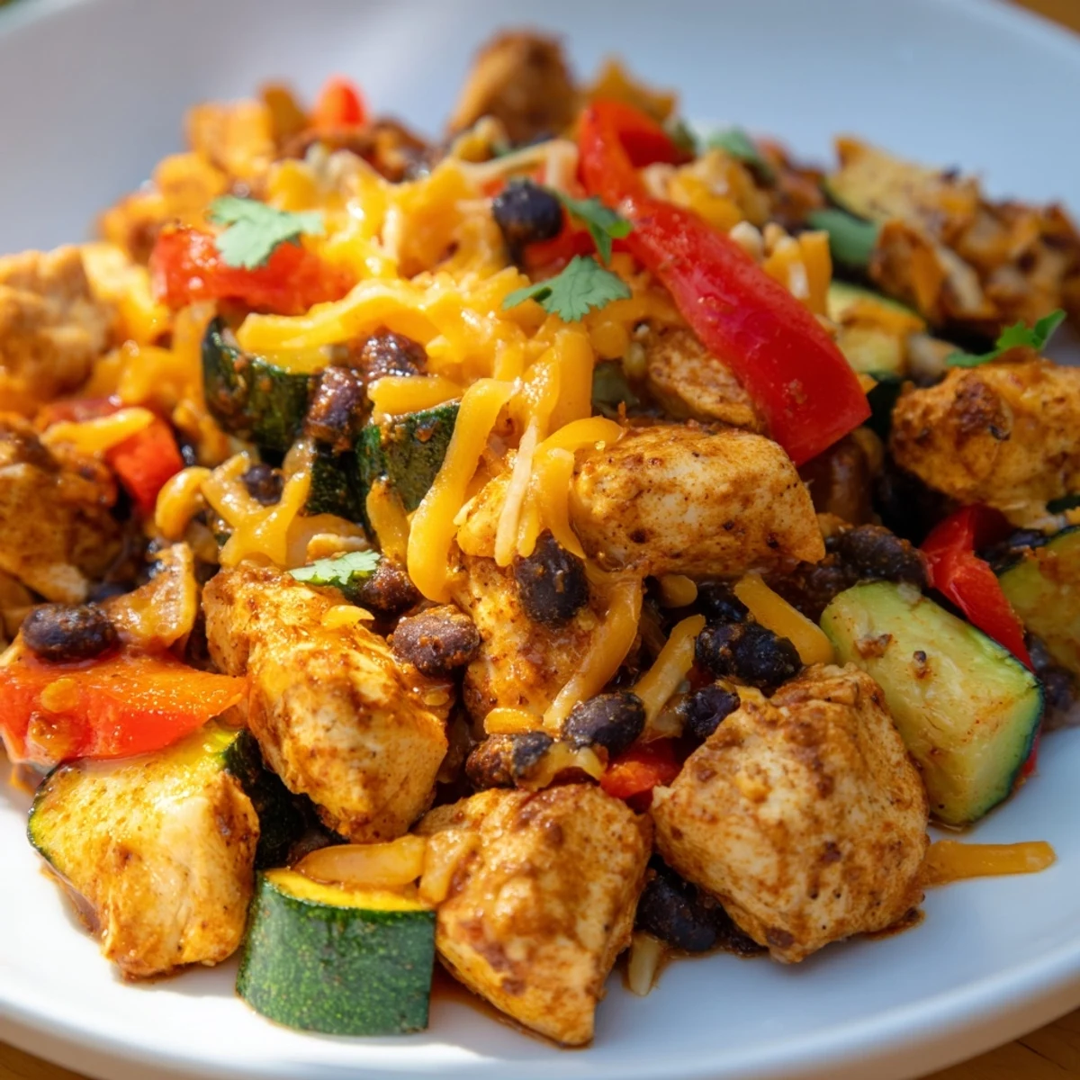 Golden Tex Mex chicken and zucchini skillet topped with fresh cilantro and melted cheese.