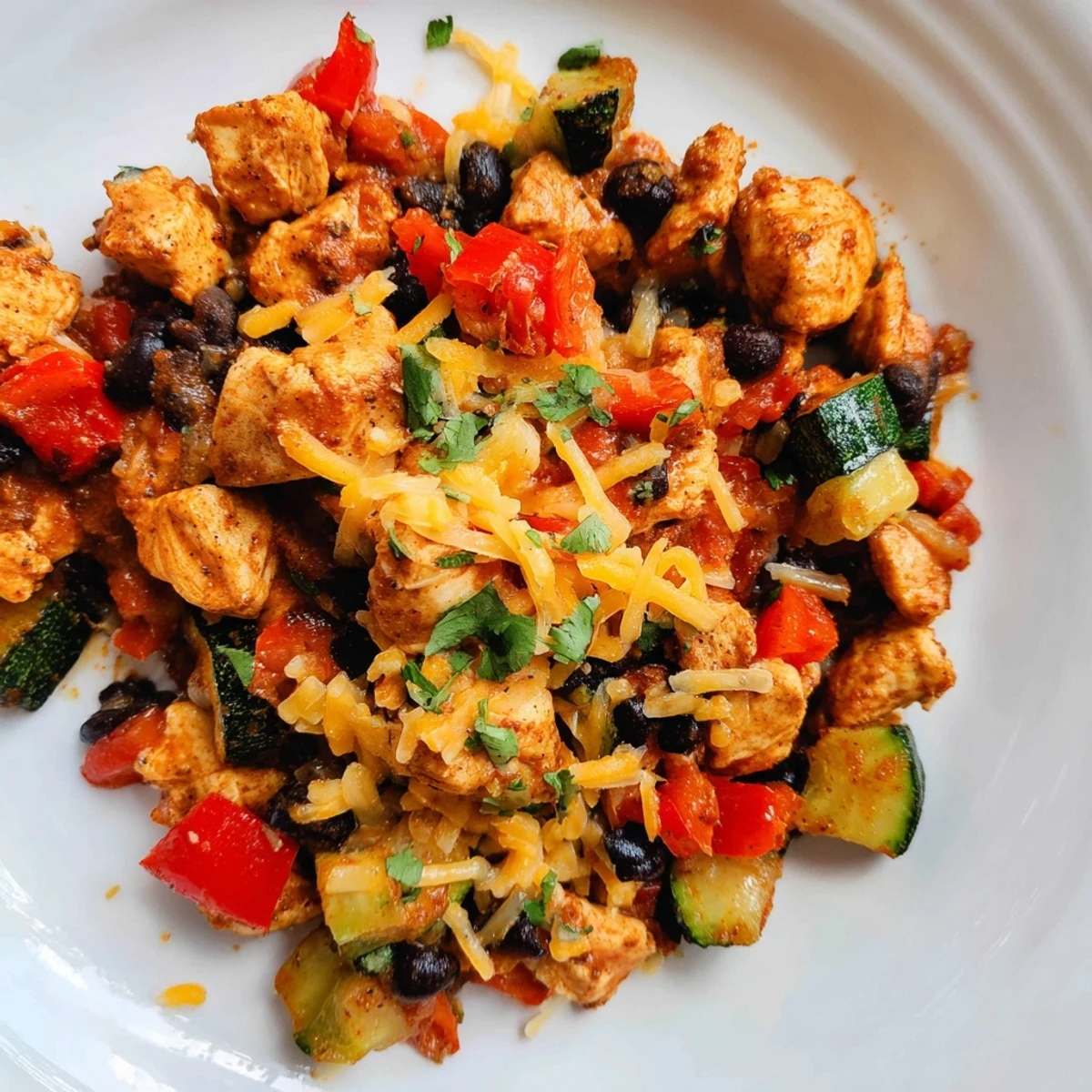 Sizzling one-pan Tex Mex chicken and zucchini with melted cheese over colorful vegetables.