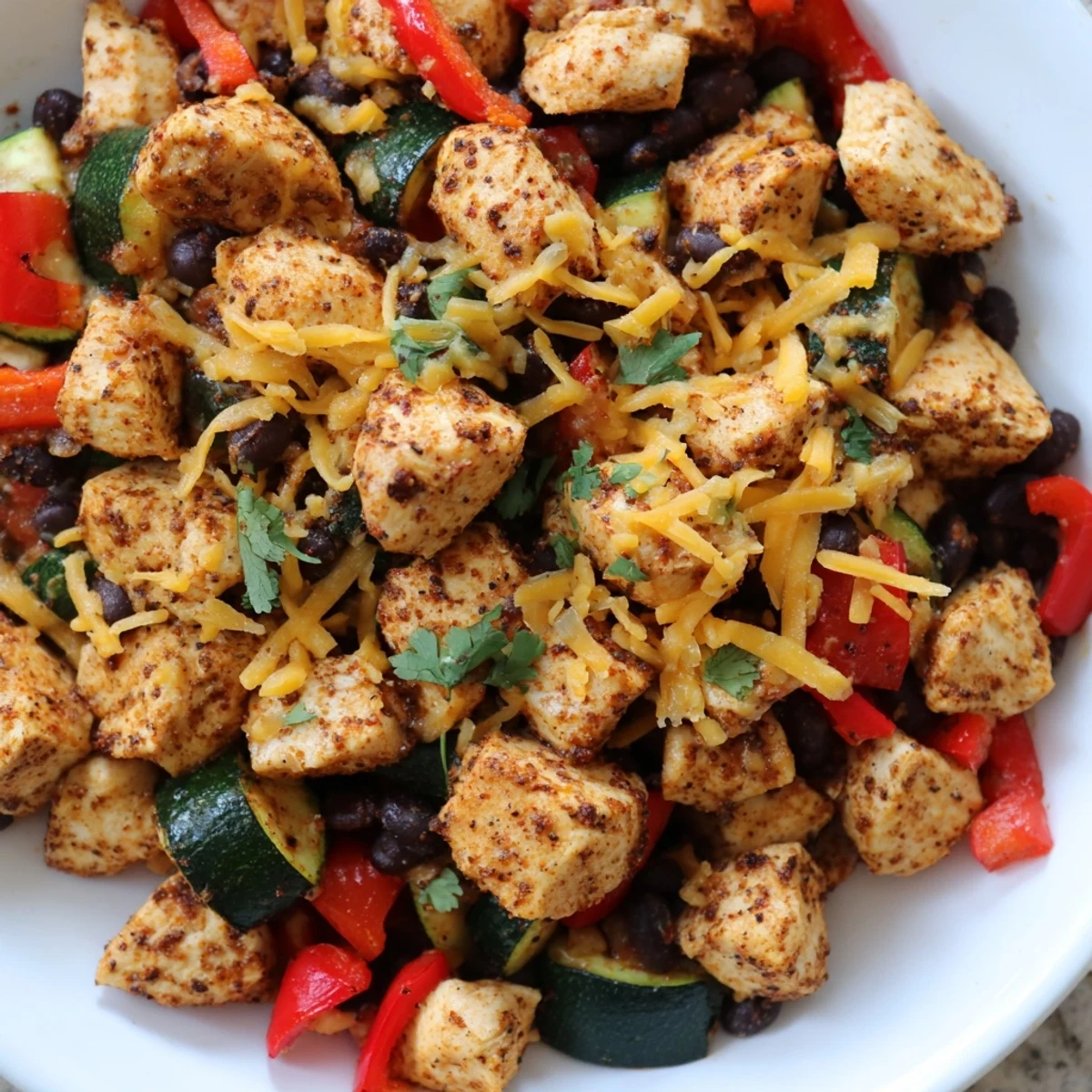 Colorful Tex Mex chicken and zucchini dish featuring black beans peppers and gooey cheese.
