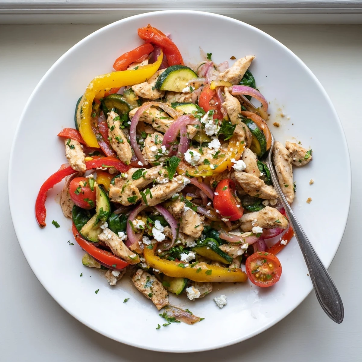 Colorful Mediterranean chicken stir fry with tender meat, crisp bell peppers, zucchini and aromatic herbs in a skillet