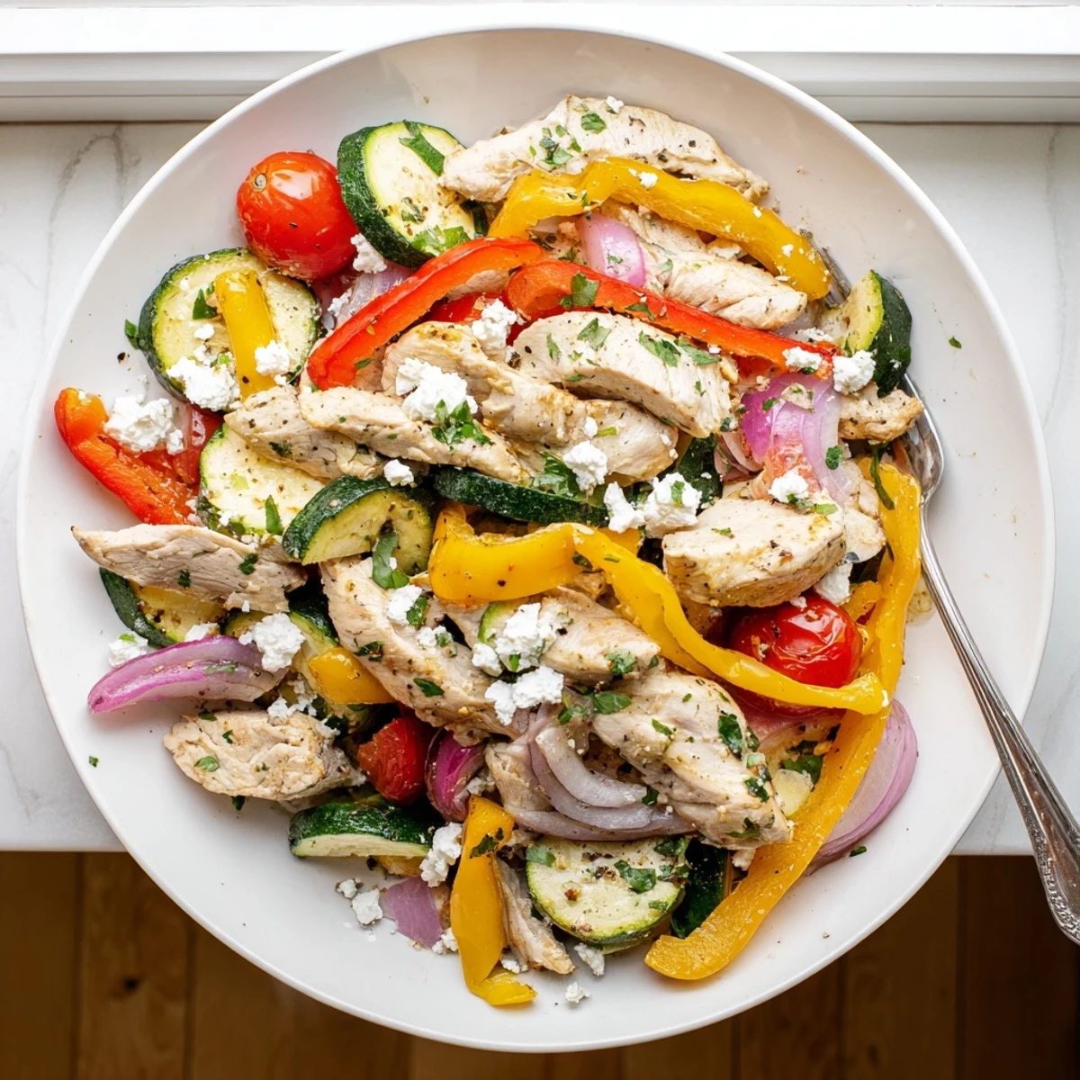Golden sliced chicken tossed with vibrant vegetables in this easy Mediterranean chicken stir fry finished with fresh parsley