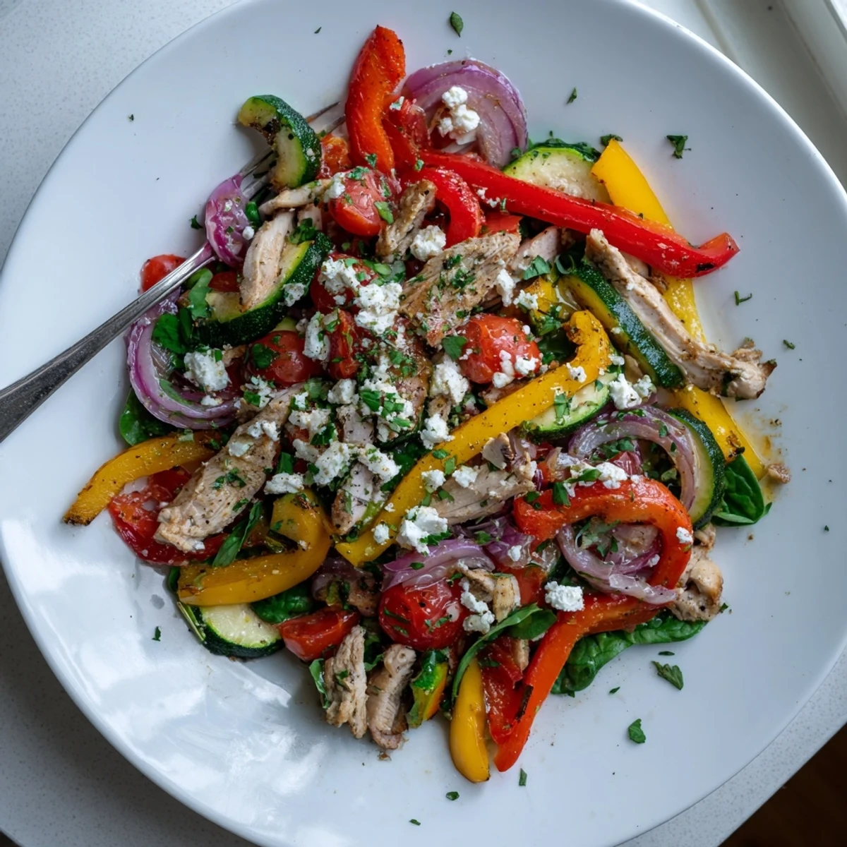 Savory Mediterranean chicken stir fry featuring marinated poultry, colorful peppers, and juicy tomatoes served hot from the wok