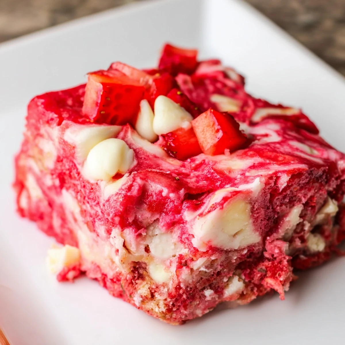 Gooey Strawberry Earthquake Cake with marbled cream cheese swirls and fresh diced strawberries baked to golden perfection