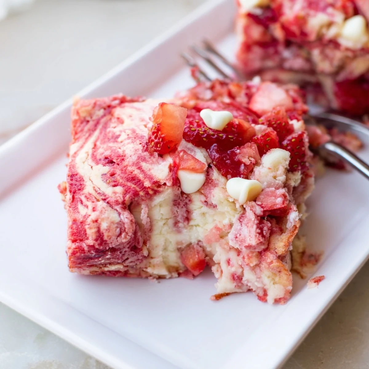 Slice of moist Strawberry Earthquake Cake topped with melted white chocolate chips and shredded coconut on a white plate
