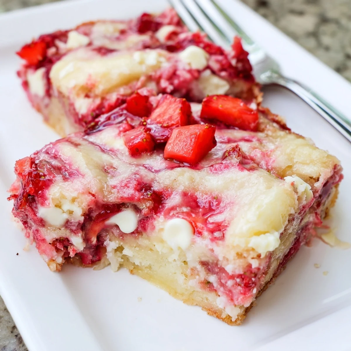 Homemade Strawberry Earthquake Cake showing cracked surface with pockets of creamy filling and ruby red strawberry pieces throughout