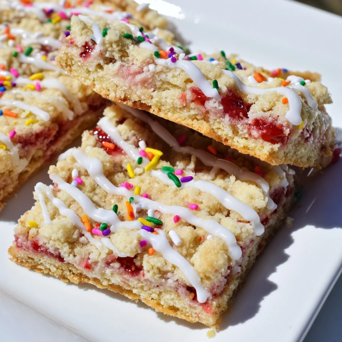 Golden baked poptart cookie bars with strawberry jam center and white glaze drizzle