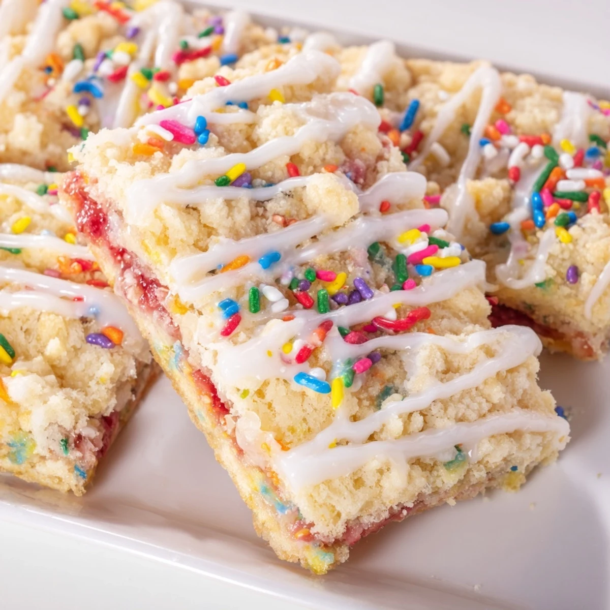 Soft sugar cookie bars layered with fruity jam and topped with vanilla icing sprinkles
