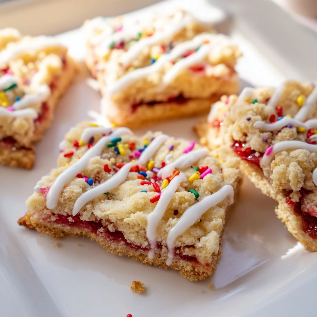 Homemade poptart cookie squares featuring crumbly dough, sweet strawberry filling, and colorful decorations