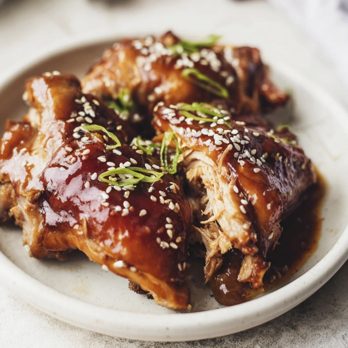 Tender slow-cooked Huli Huli Chicken thighs garnished with sesame seeds and fresh green onions