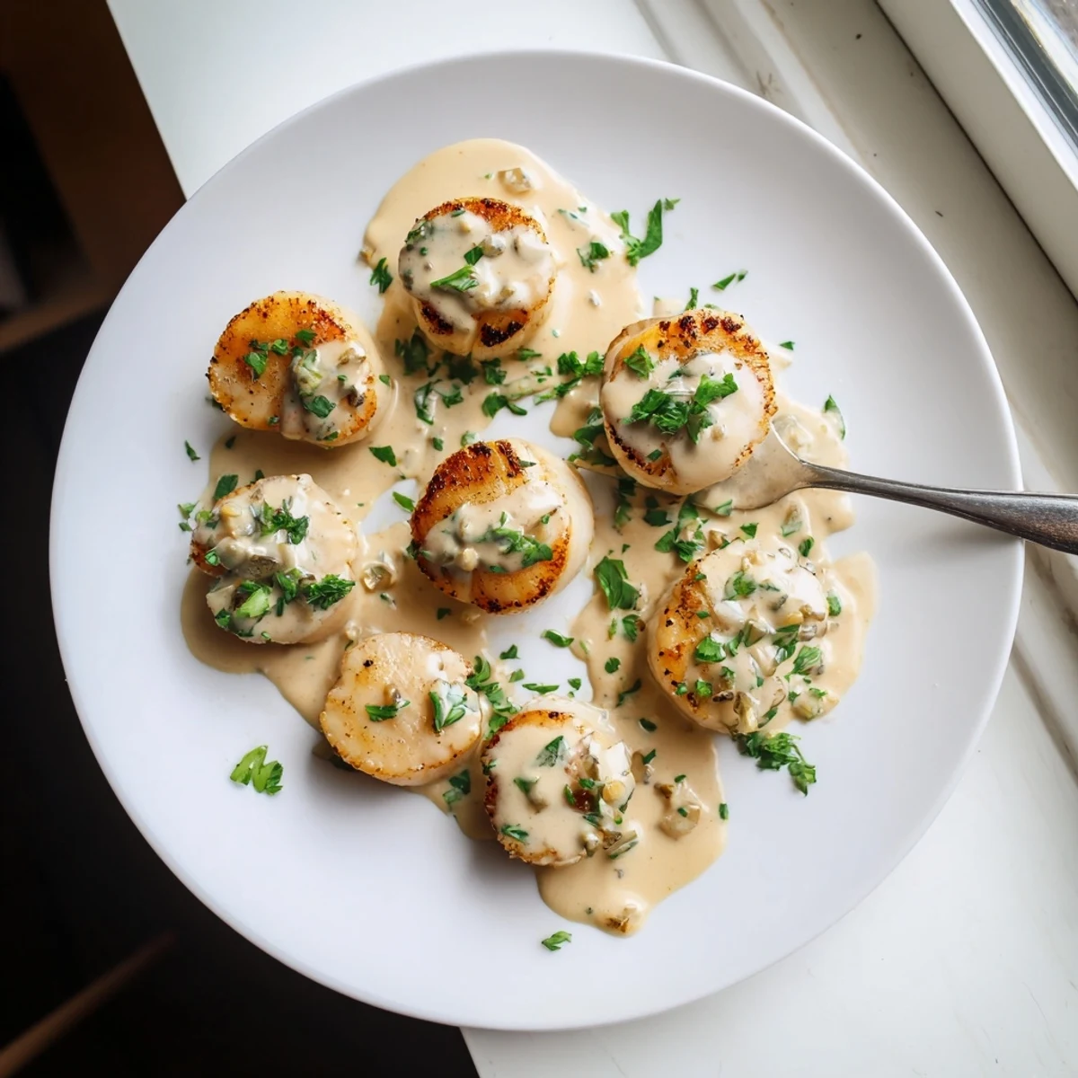 Golden brown seared scallops drizzled with rich spicy Cajun cream sauce and fresh parsley