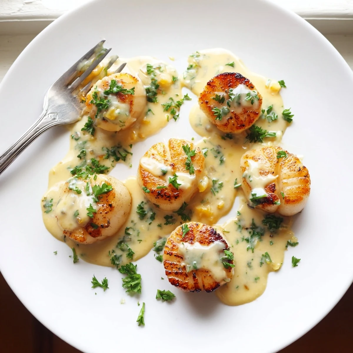 Perfectly caramelized sea scallops resting in a velvety Cajun spiced cream sauce over white plate