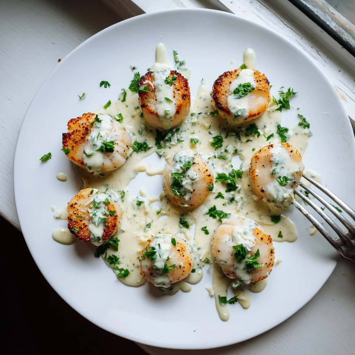 Succulent pan-seared scallops topped with creamy Cajun sauce and garnished with chopped fresh parsley