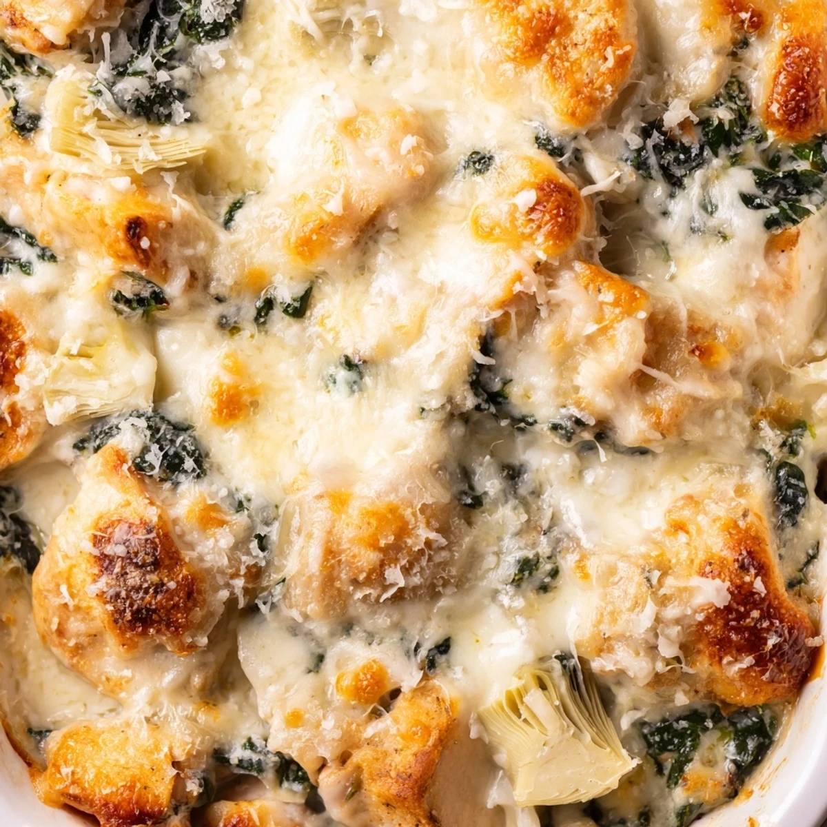 Golden bubbly spinach and artichoke chicken bake fresh from the oven with melted cheese topping