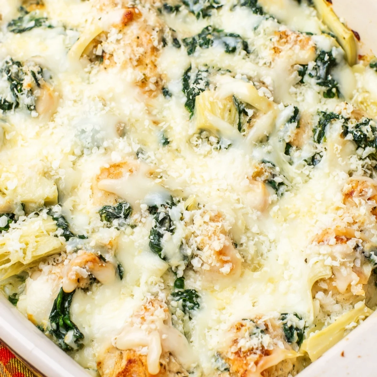 Creamy spinach and artichoke chicken casserole served on white plate with fresh parsley garnish
