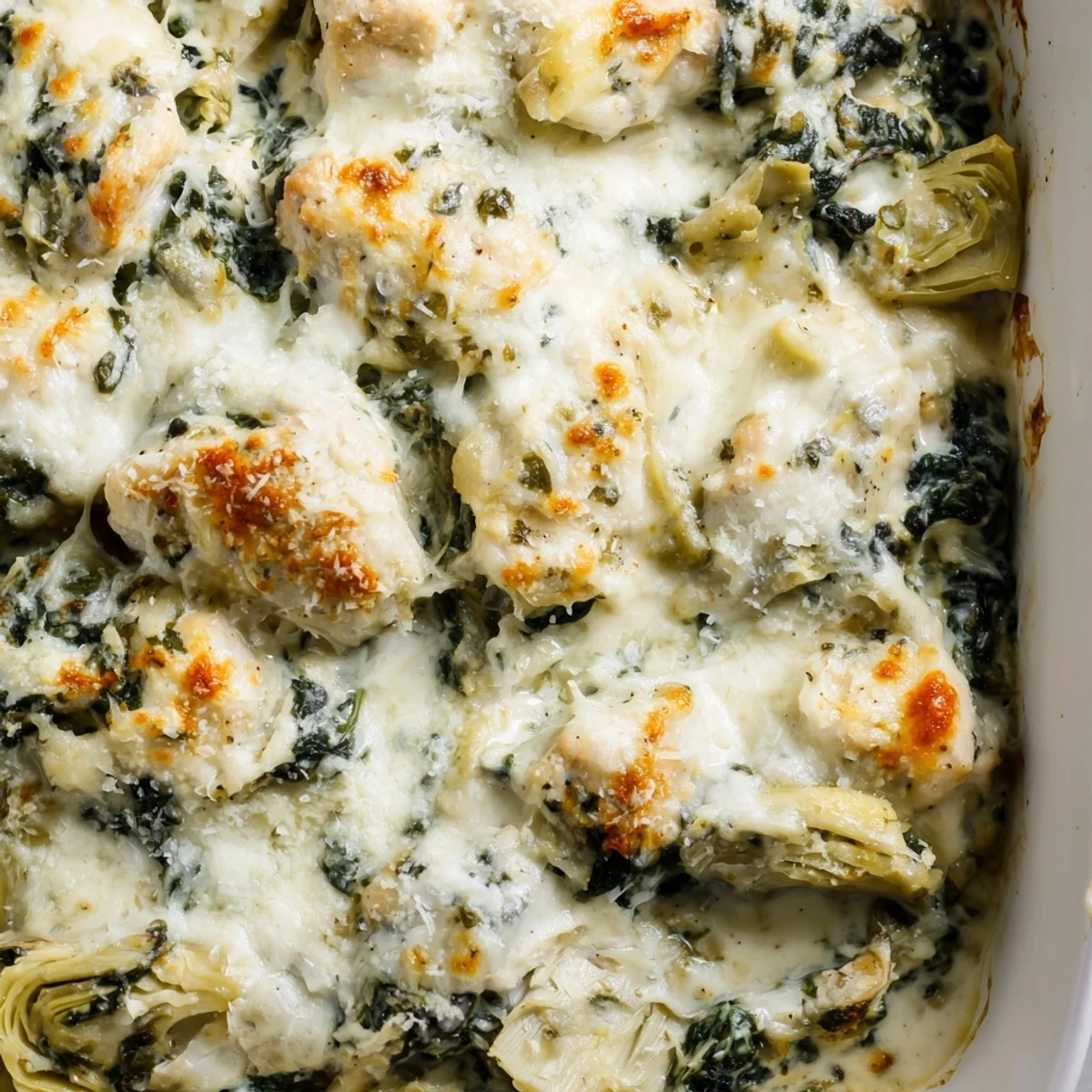 Baked chicken breasts topped with spinach artichoke mixture and mozzarella in a golden brown cheesy crust