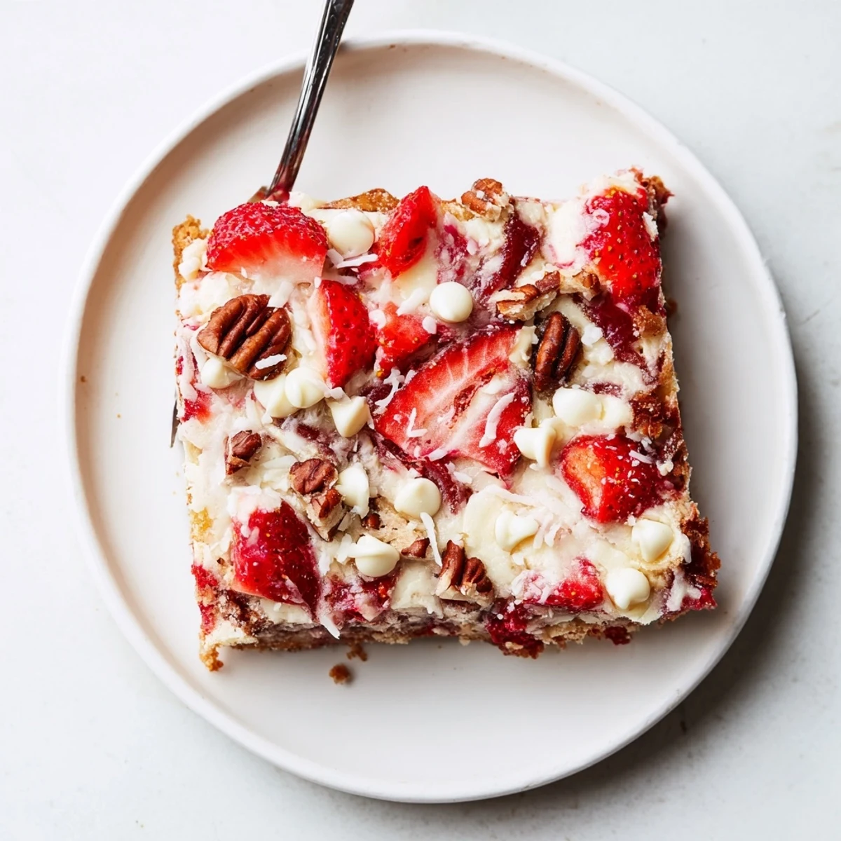 Baked strawberry earthquake cake topped with fresh strawberries coconut and crunchy pecans