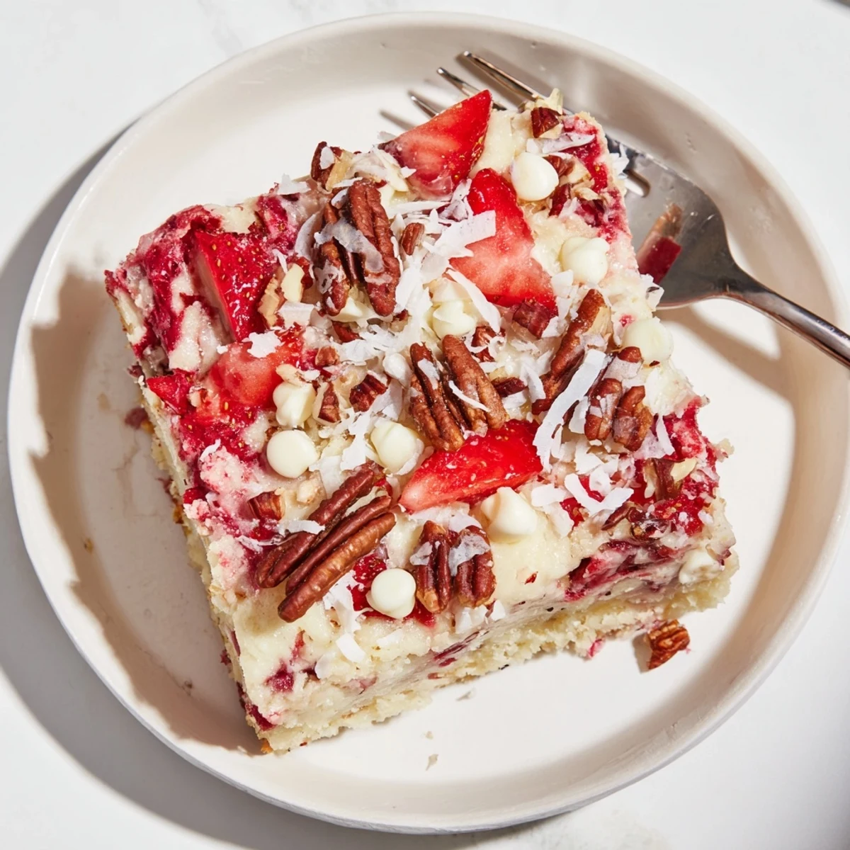 Golden strawberry earthquake cake with marbled cream cheese swirls and white chocolate chips