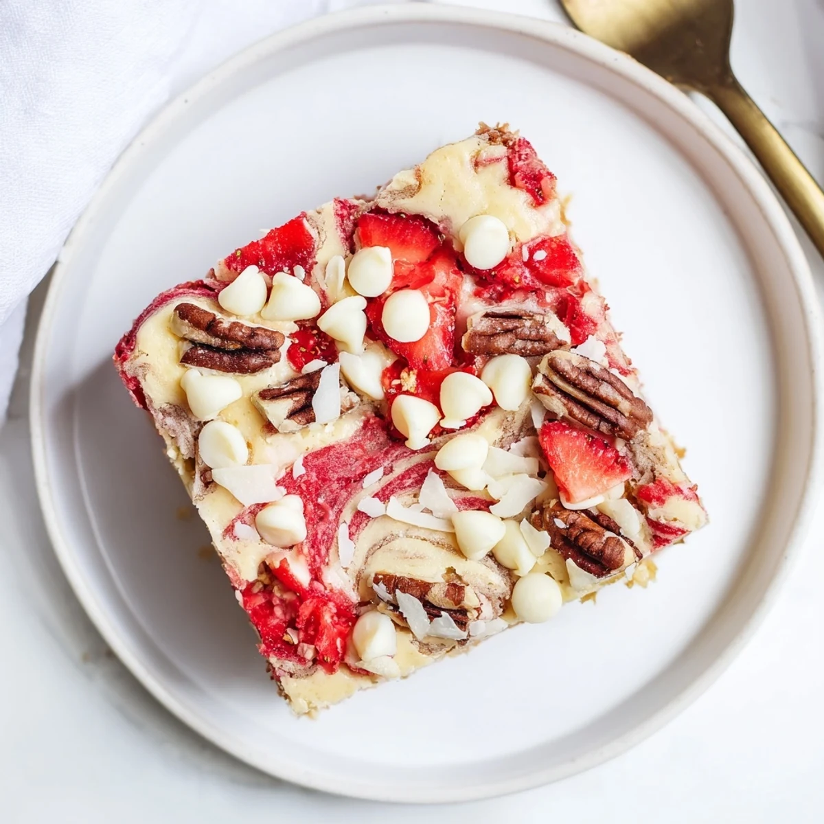 Sliced strawberry earthquake cake showing cream cheese layers and tender strawberry crumb interior