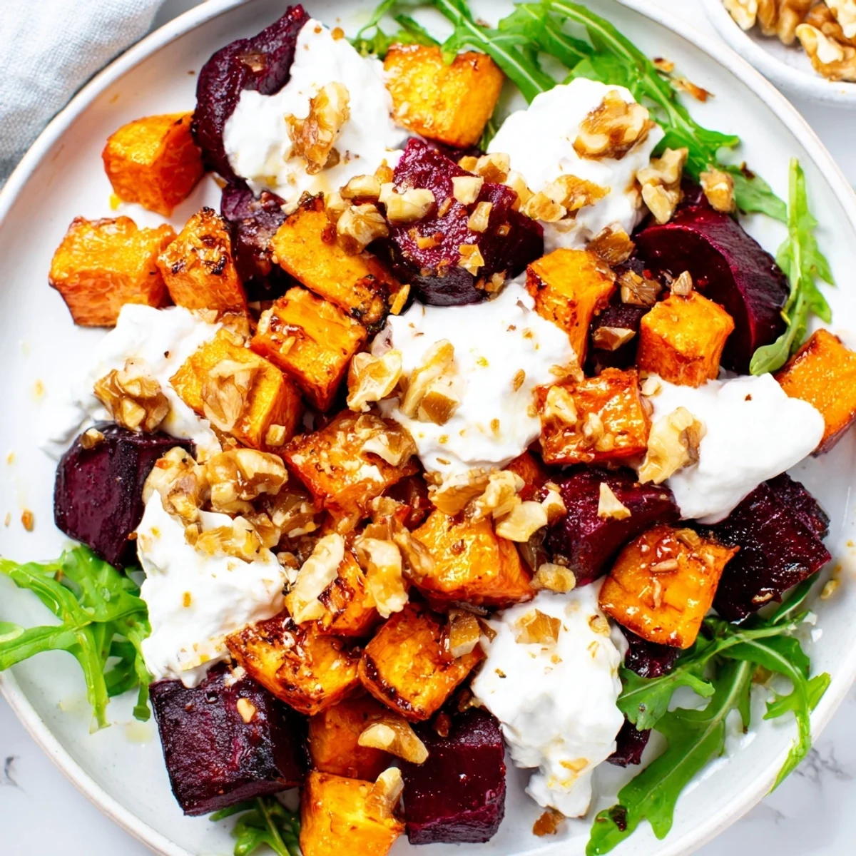Golden roasted beets and sweet potatoes topped with crumbled feta and creamy yogurt dressing in a vibrant salad bowl