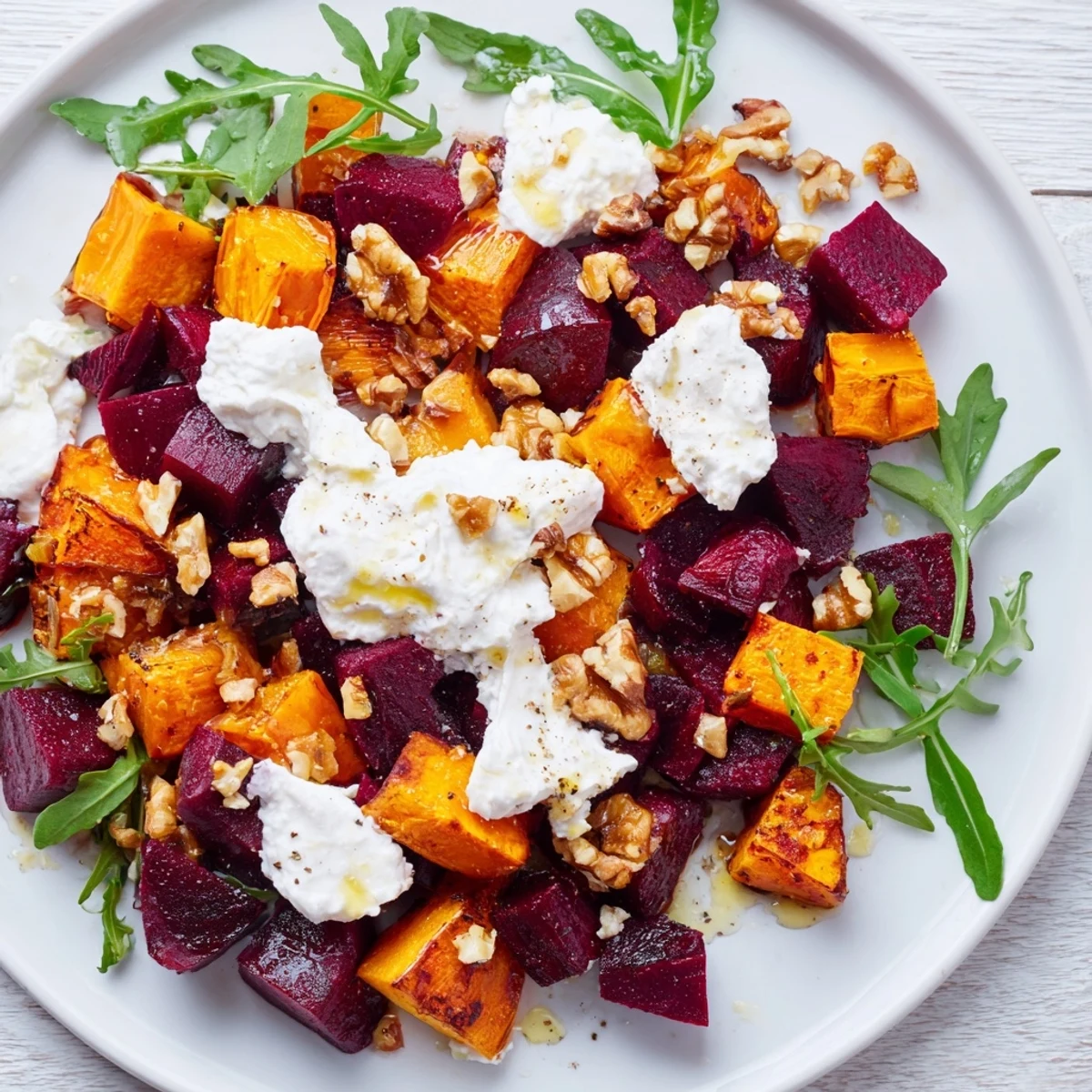 Colorful vegetarian plated salad featuring tender roasted beets, sweet potato cubes, and arugula drizzled with luscious yogurt sauce