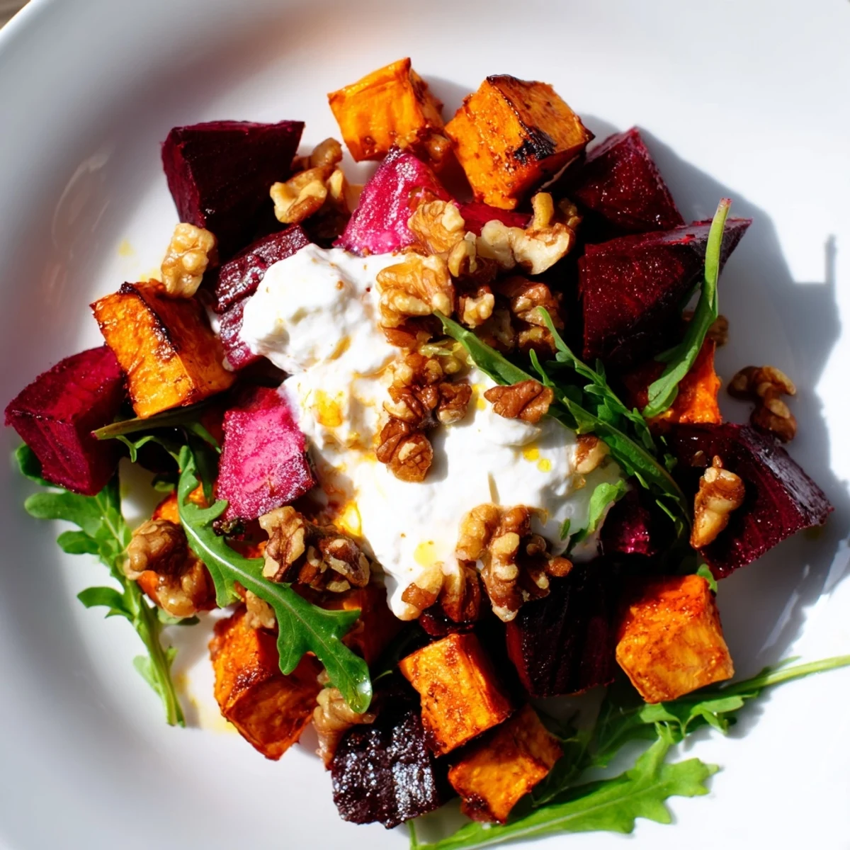 Hearty creamy roasted beet salad arranged on white platter with sweet potatoes, feta crumbles, and toasted walnuts