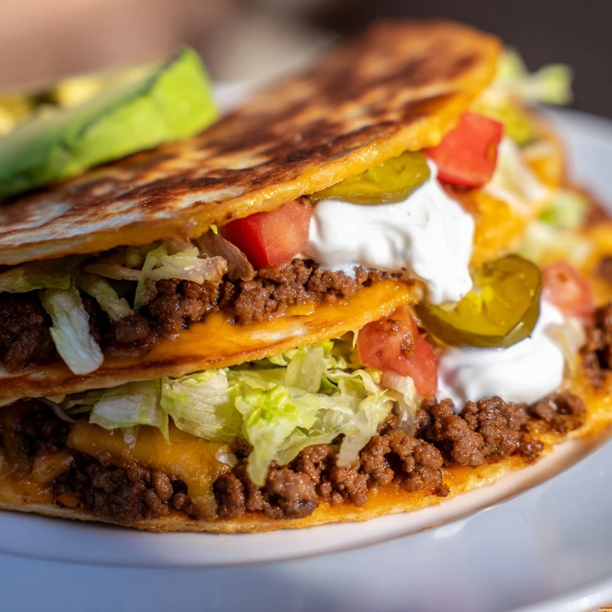 Golden keto crunchwraps filled with seasoned beef, melted cheddar, and fresh vegetables folded into crispy tortillas