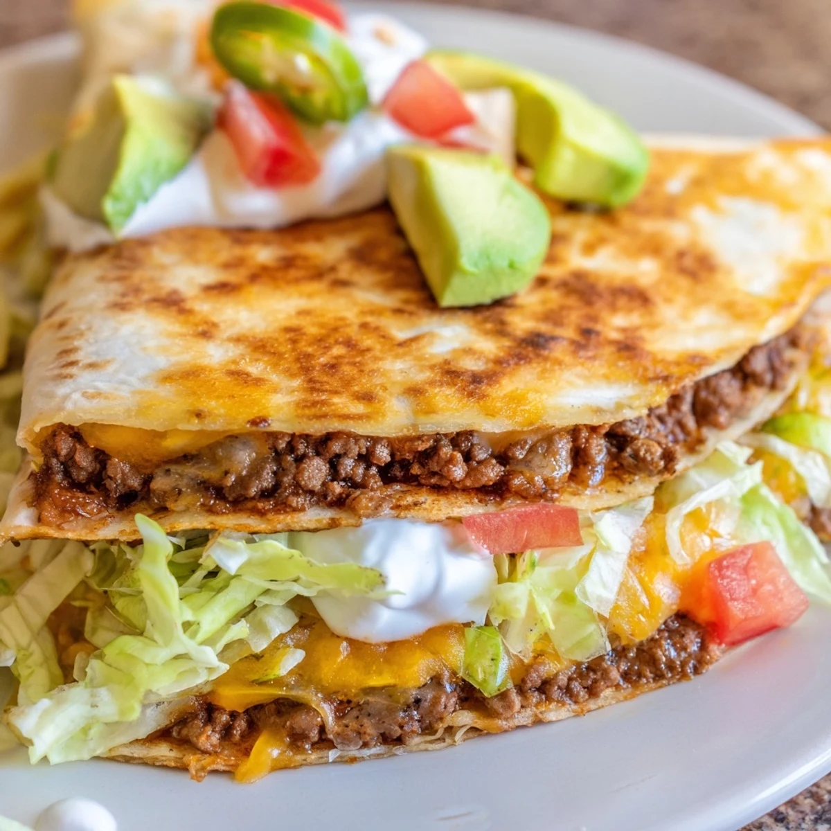 Low-carb crunchwrap Supreme featuring almond flour tortilla packed with taco meat, lettuce, tomatoes, and creamy sour cream