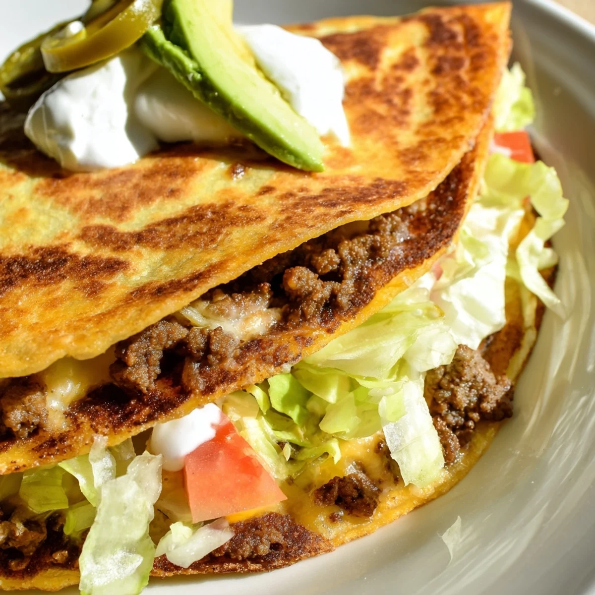 Homemade keto crunchwraps pan-fried to perfection with gooey cheese center, avocado slices, and jalapeños on top