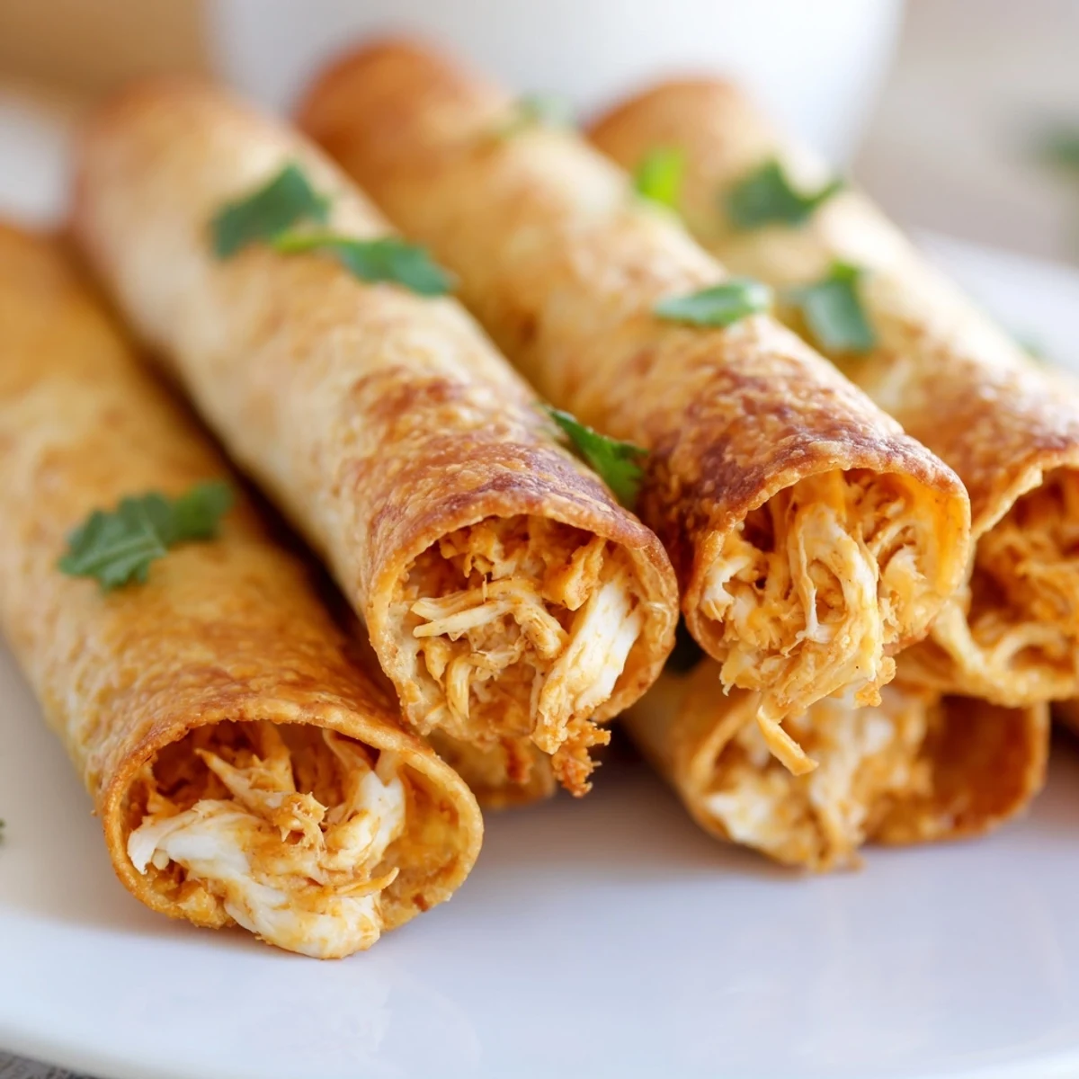 Golden crispy chicken taquitos arranged on serving plate with guacamole and salsa dipping sauces