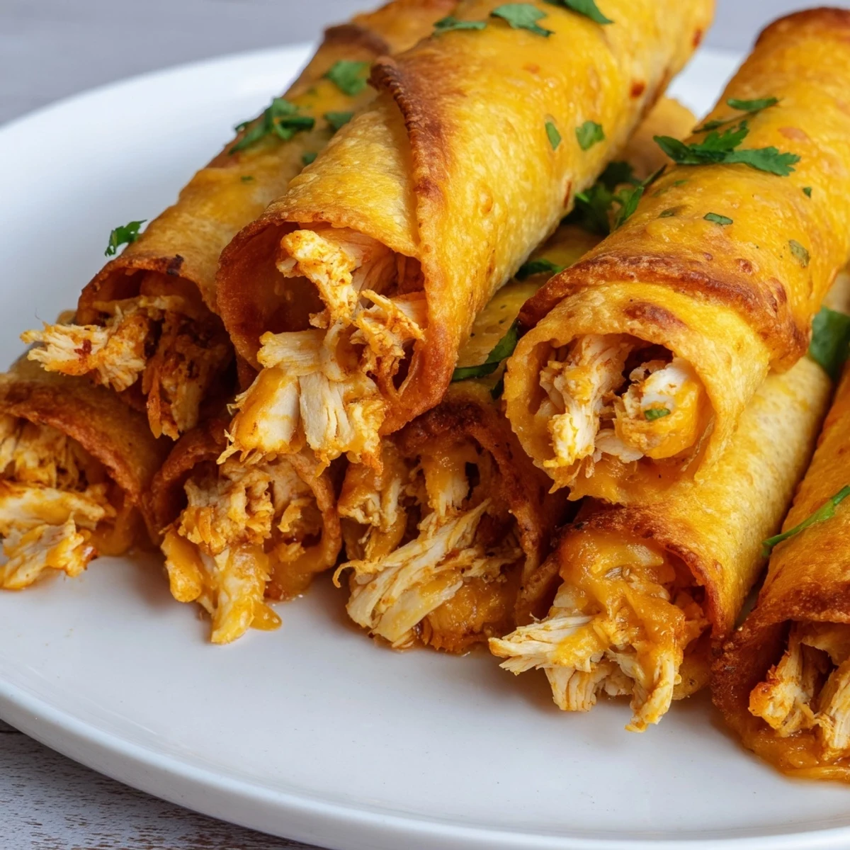 Baked crispy chicken taquitos filled with seasoned shredded chicken and melted cheddar cheese