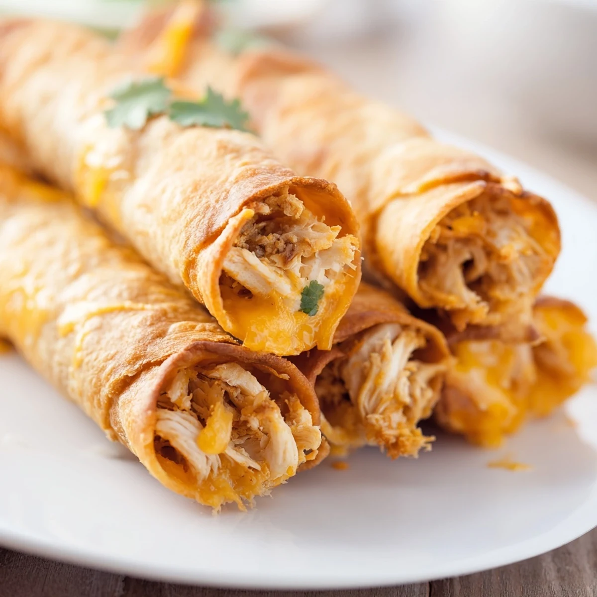 Plate of crunchy Mexican crispy chicken taquitos garnished with fresh cilantro and lime wedges