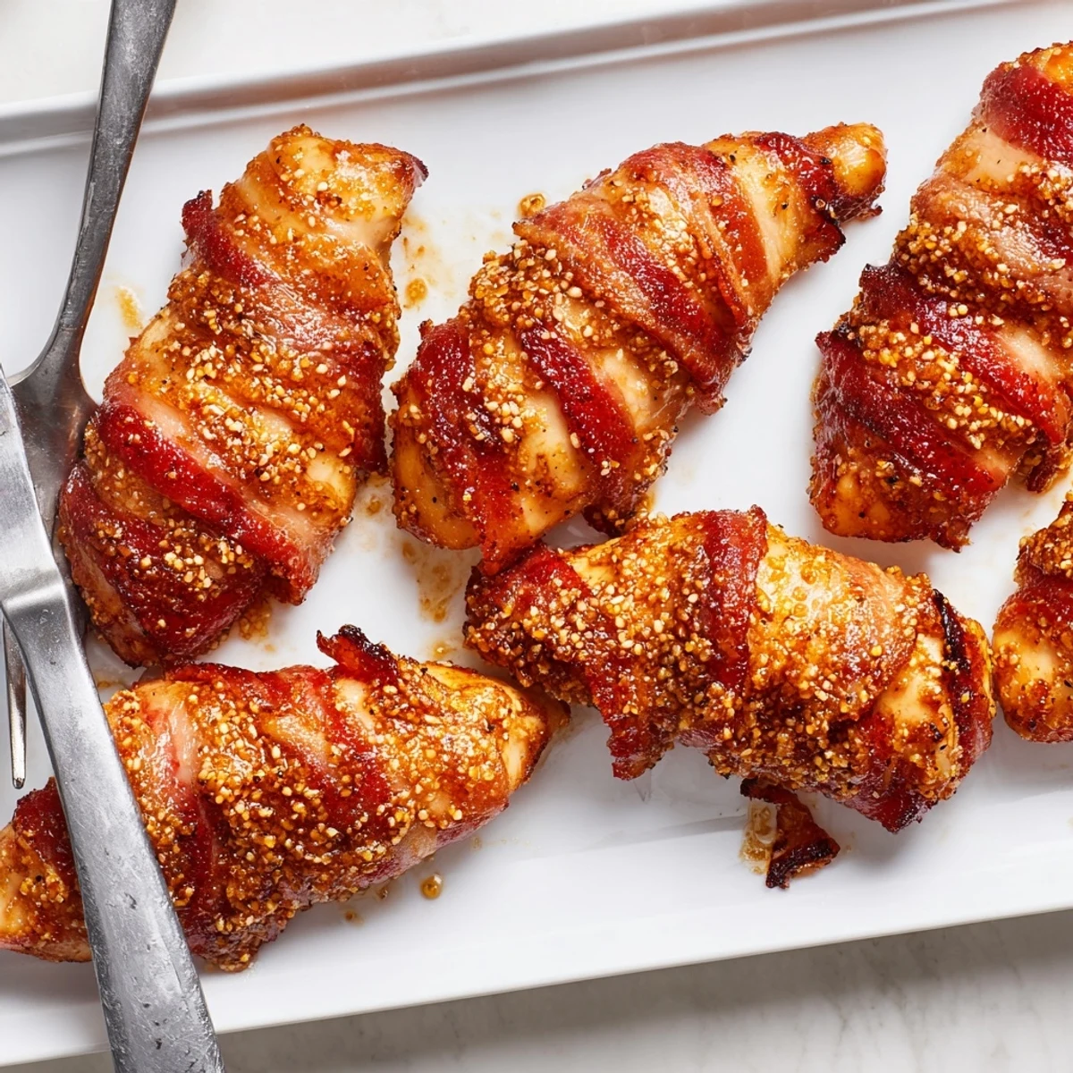 Crispy bacon brown sugar chicken tenders fresh from the oven with caramelized coating