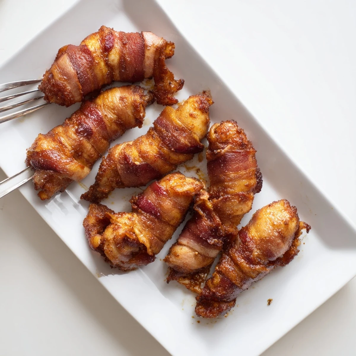 Juicy chicken tenders wrapped in smoky bacon coated with sweet brown sugar glaze
