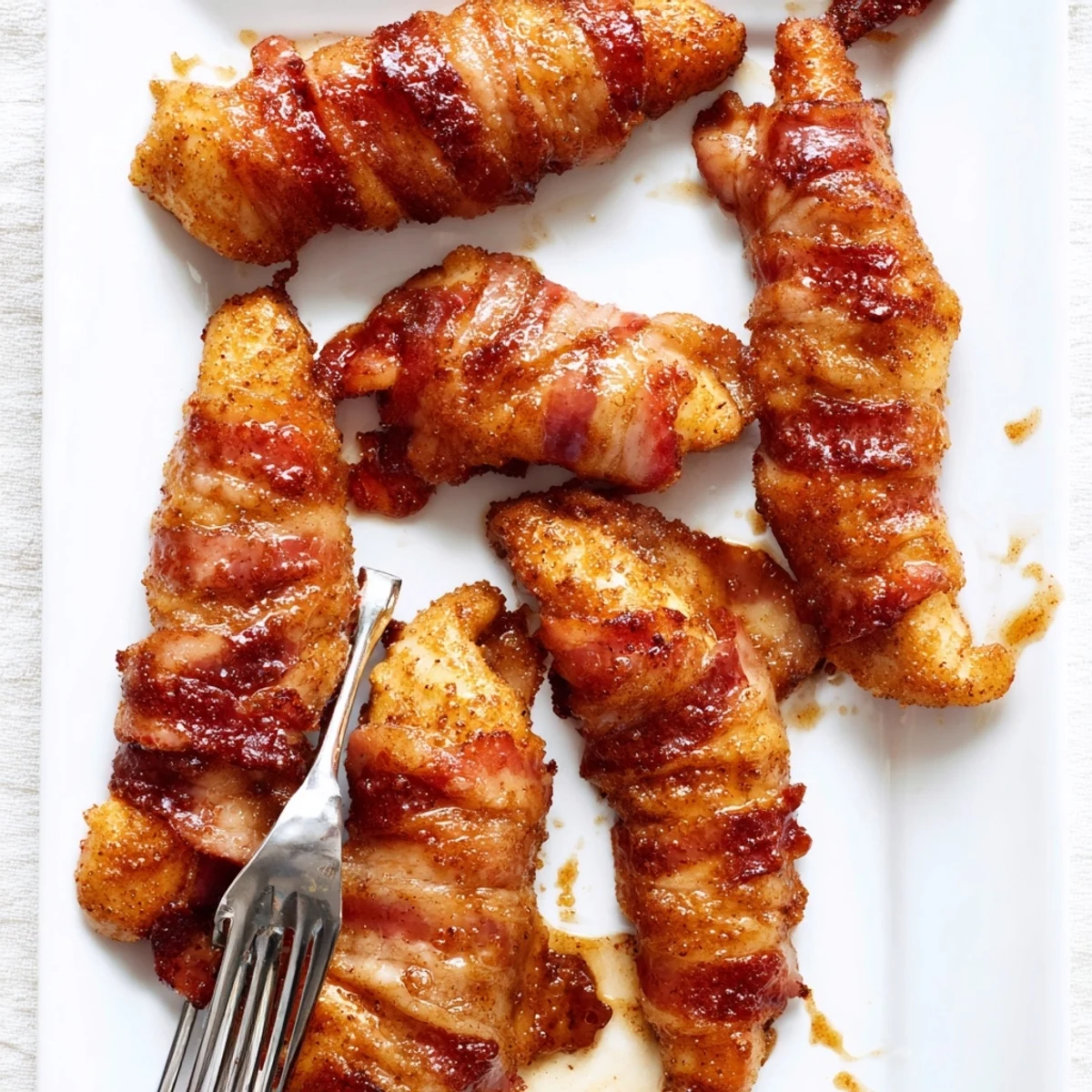 Golden brown sugar chicken tenders with crispy bacon drizzled on serving platter
