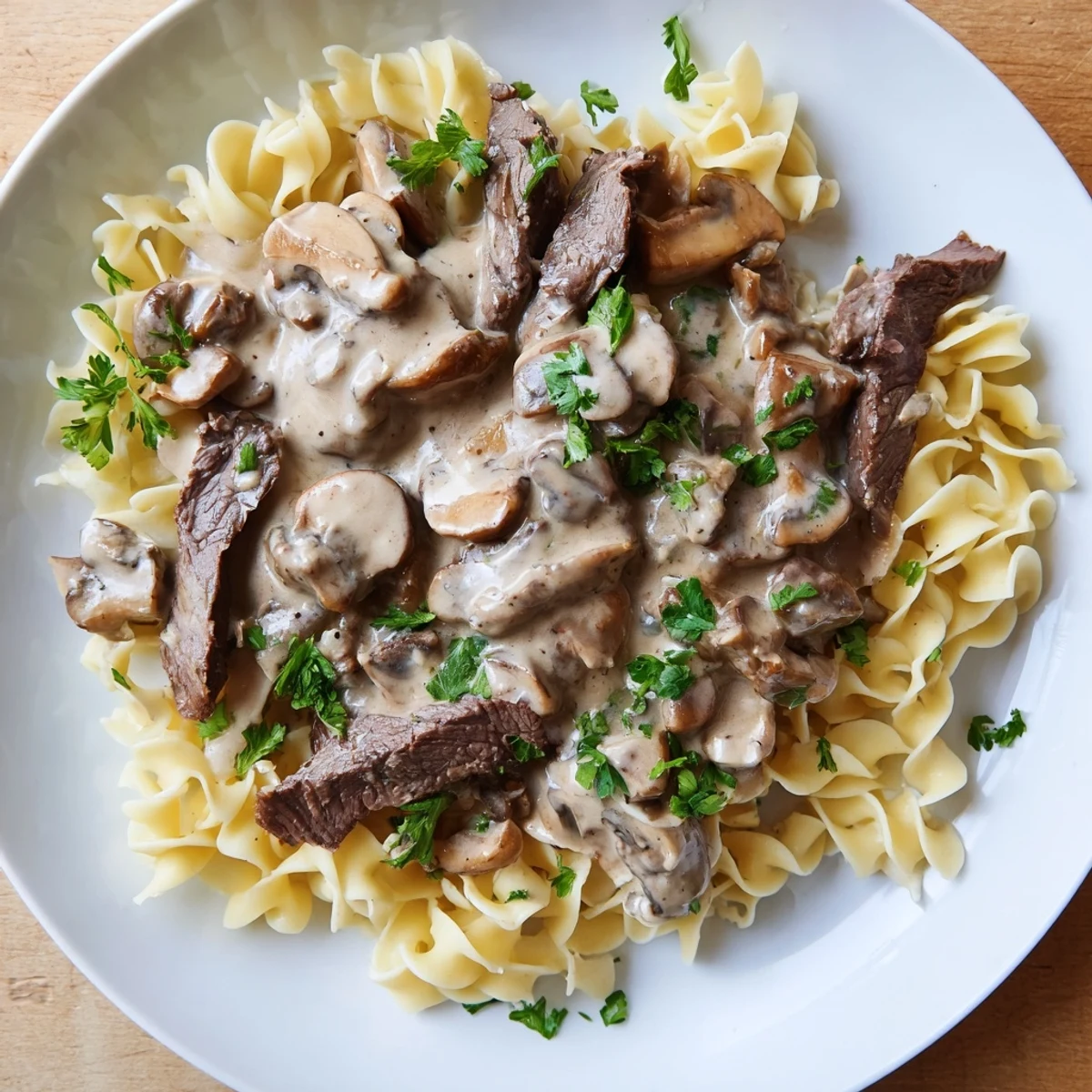 Creamy beef and mushroom stroganoff served over egg noodles with fresh parsley garnish