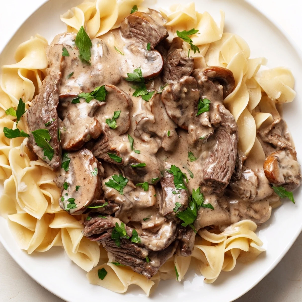 Golden brown beef and mushroom stroganoff plated on white egg noodles with green parsley