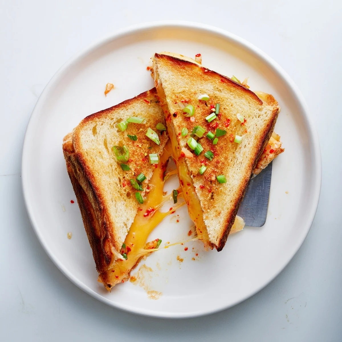 Sliced kimchi grilled cheese on a wooden board with gooey cheese pulling apart