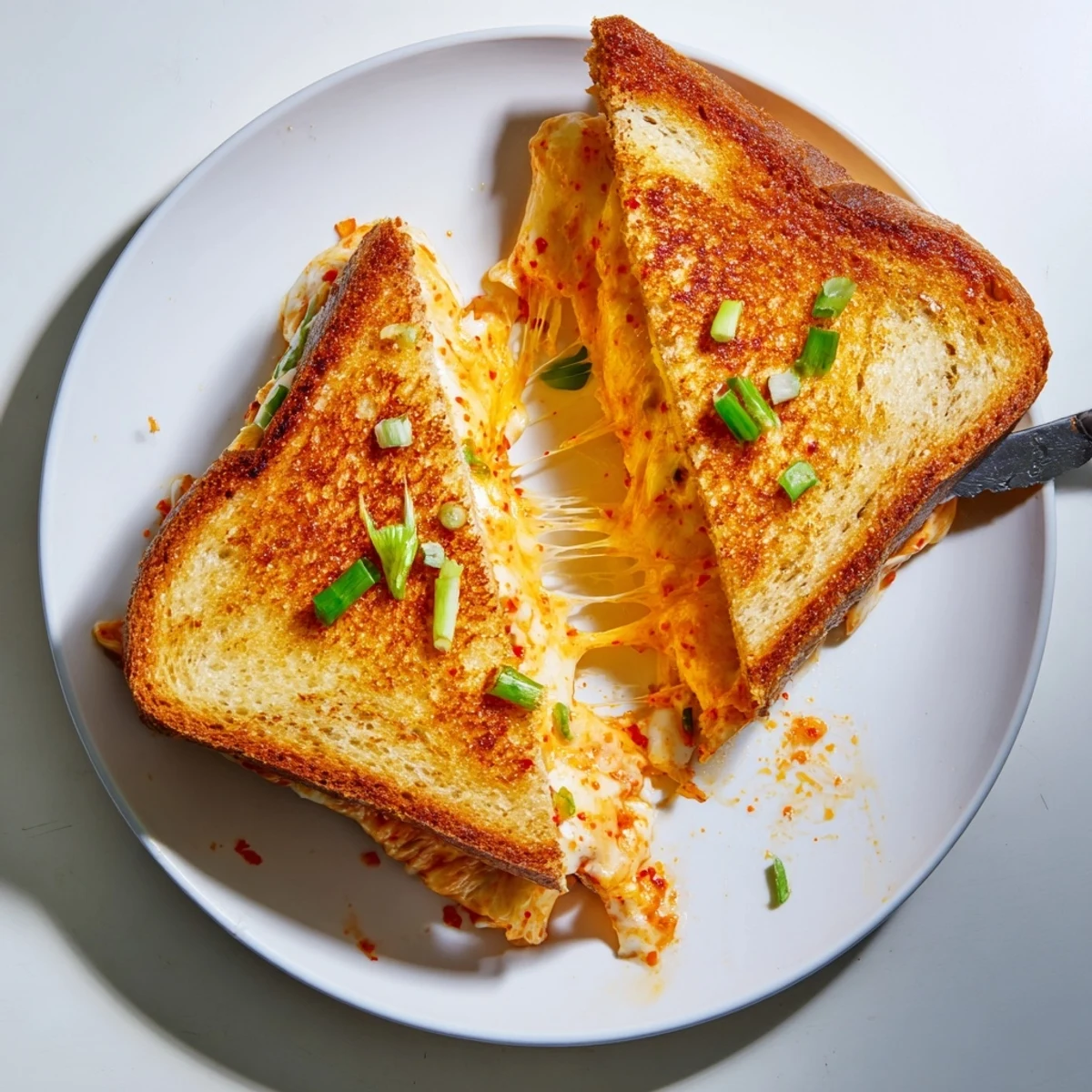 Golden brown kimchi grilled cheese sandwich with melted cheddar and spicy fermented cabbage