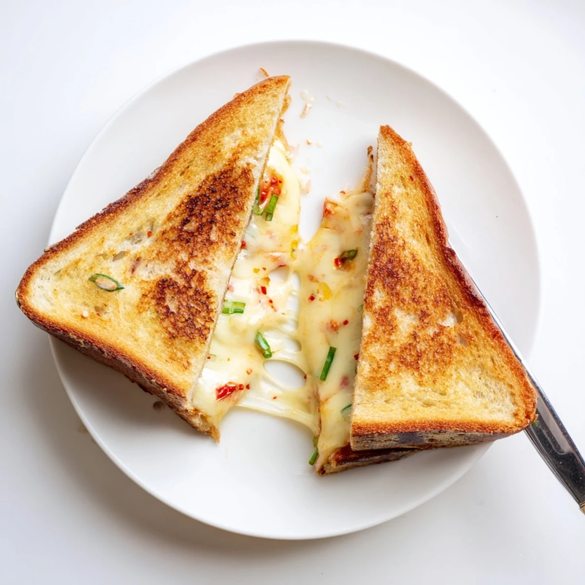 Crispy sourdough kimchi grilled cheese sandwich served hot with visible red pepper flakes