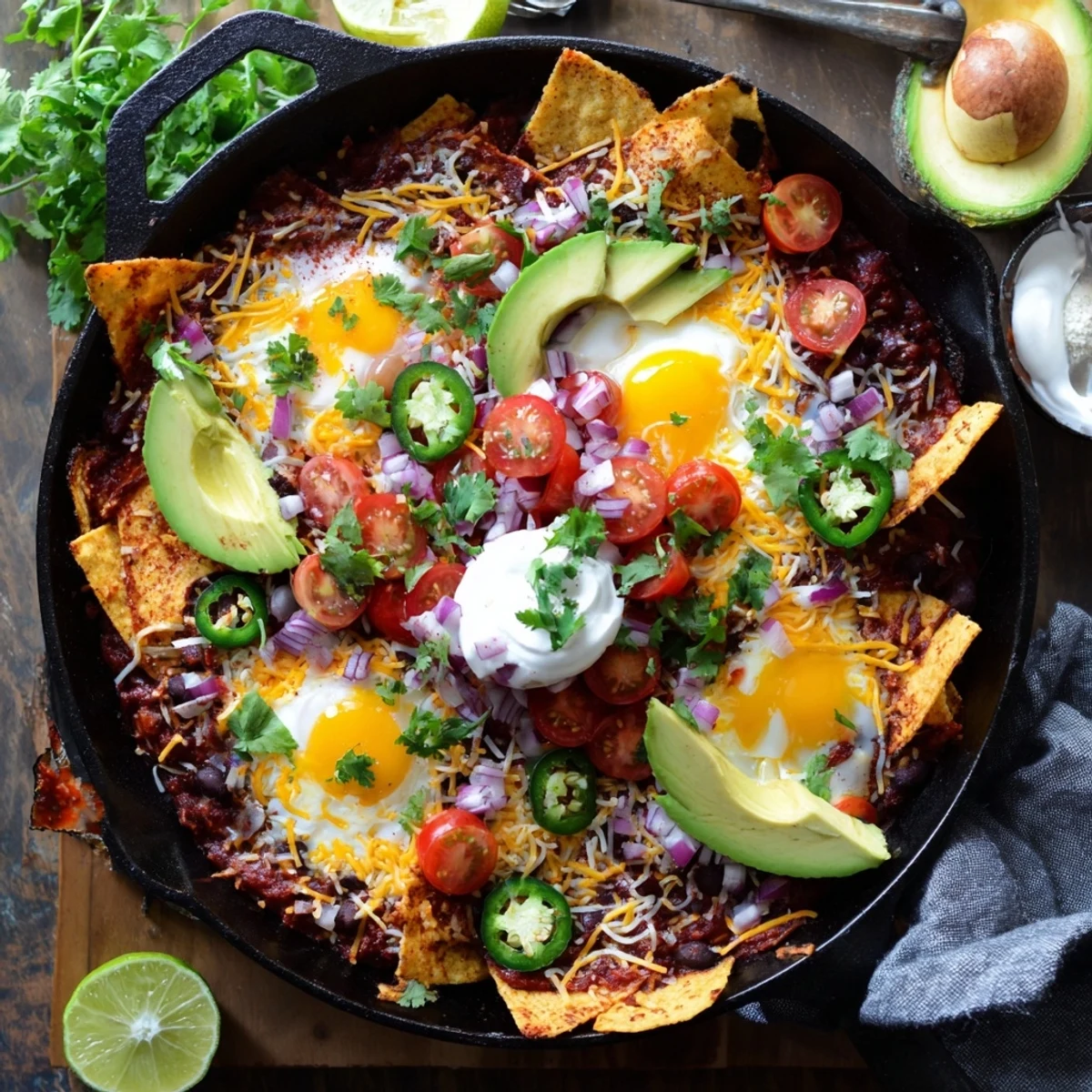 Mexican egg nachos featuring crispy chips topped with baked eggs, melted cheese, and fresh avocado slices