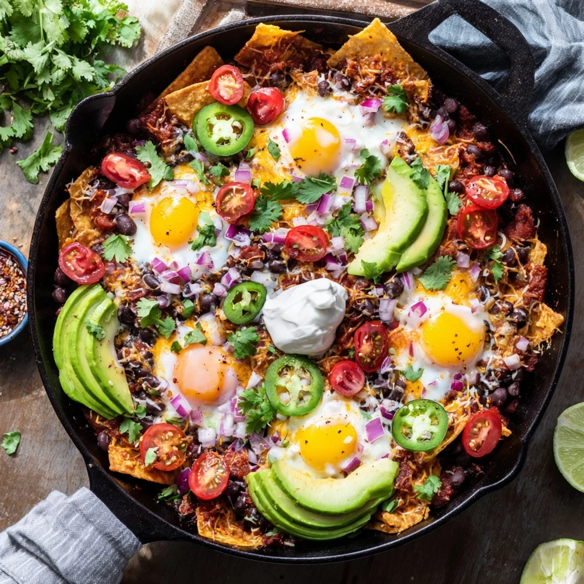 Colorful plate of Mexican egg nachos with spiced black beans, runny yolks, and vibrant tomato salsa