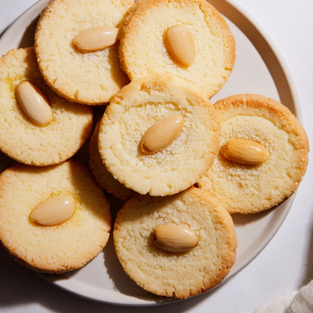 Golden Chinese almond cookies with whole almond center and light egg wash finish